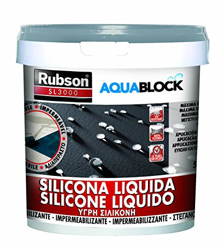 Rubson Aquablock Silicone Liquido SL3000, Facile e Sicuro da Usare, per Impermeabilizzazione e Riparazione di Tetti e Coperture Piani e Inclinati, Guaine, Fioriere, Grigio, Secchio 5kg