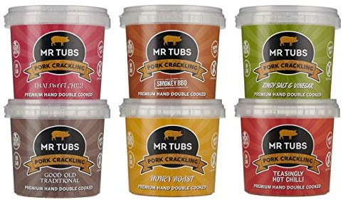 Mr Tubs Pork Crackling (6 Tub Pack) - Mixed Flavours of Premium, Double Hand Cooked, Crackling - Ideal Gluten Free, Low Carb, Keto & Paleo Friendly Meat Rind Pork Scratchings Snack (6 x 55g Tubs)