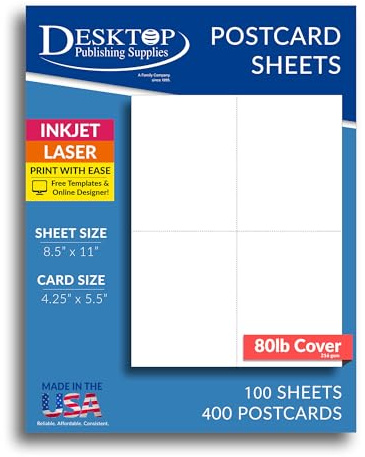 Heavyweight Blank Postcard Paper for Printing - 100 Sheets / 400 Postcards - White - Perforated 4 per Sheet - Thick 80lb Cover Cardstock - Inkjet/Laser Printable