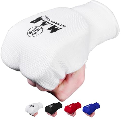 MAR | White Martial Arts Hand Mitts, Slip-On Stretch Fabric, MMA Training, Muay Thai Protection, Kickboxing, Sports Gear (Large)