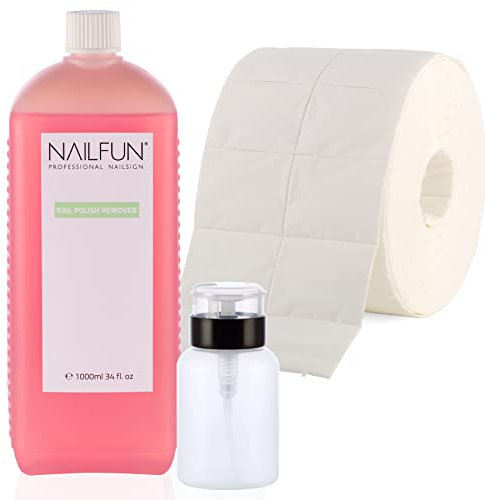 NAILFUN Nail Polish Remover (Nagellackentferner) 1 Liter - Acetonfrei + 500 Zelletten (1 Rolle) + 1 Pumpflasche