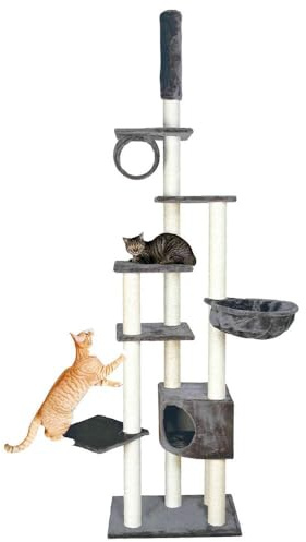 TRIXIE Kratzbaum Madrid 245 - 270 cm in platingrau – deckenhoher Katzenbaum mit gemütlichen Liegeflächen und Deckenspanner, komfortabel & stabil – 43902