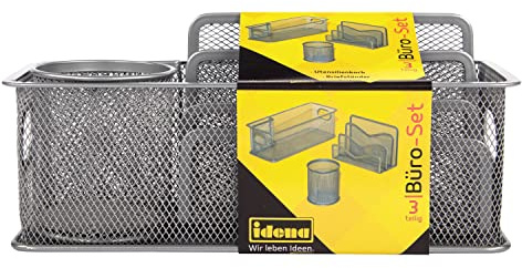 Idena 354018 Büro-Set (3-teilig, aus Metall/Drahtgitter, Set enthält: 1 Utensilienbox, 1 Köcher, 1 Briefständer) silber