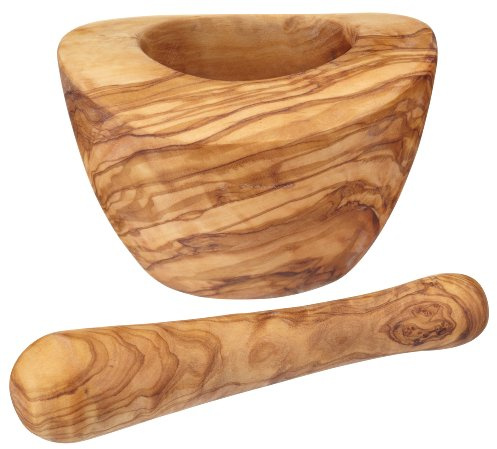 KitchenCraft World of Flavours 2-teiliges Mörser und Stößel Set - Mörser mit Stößel als Gewürzmühle aus handgeschnitztem Olivenholz - braun