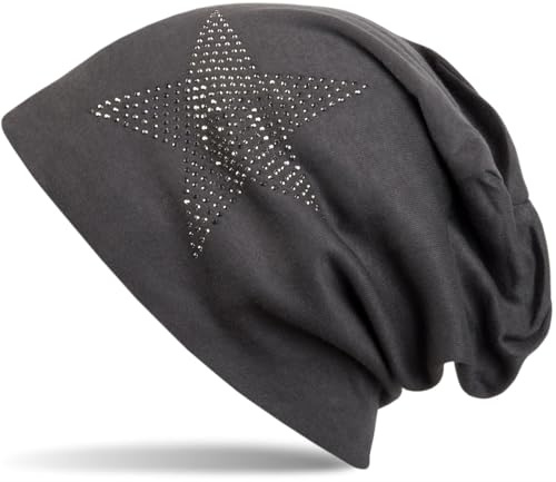 styleBREAKER Klassische Unisex Beanie Mütze mit Stern Strass Applikation, warm 04024023, Farbe:Anthrazit-Grau