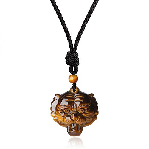 COAI Pendente Testa di Tigre in Occhio di Tigre Marrone, Collana Pendente Unisex in Pietre Naturali con Laccio Regolabile e Animali della Mitologia Cinese Simboli di Buon Auspicio
