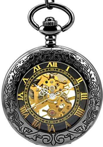 Feilok Steampunk, montre de poche mécanique avec chiffres romains, avec chaîne et pendentif à remontage manuel, sans pierre