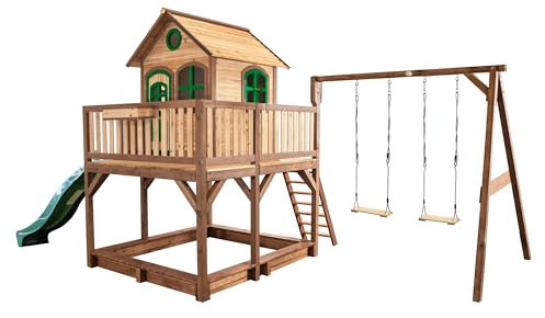 AXI Liam Casa Infantil de Madera FSC con arenero, Columpio con 2 Plazas y Tobogan Verde | Casita de Juegos para ninos de Jardin/Exterior | Parque Infantil en Marron y Verde.