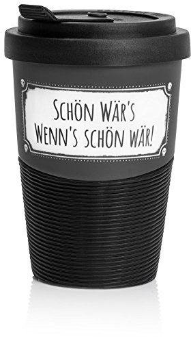 Pechkeks Kaffee Thermobecher to go Porzellan mit Deckel, Spruch Schön wär´s., Größe 300ml, matt schwarz