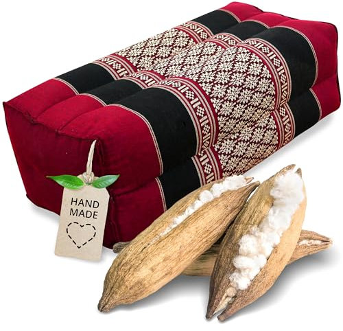 livasia Block Yogakissen eckig - 17x34x12cm - Meditationskissen mit Kapok, Stützkissen Bolster rechteckig, Yoga Pilates Zubehör Nackenkissen, Thaikissen fest handgefertigt (Rot/Schwarz)