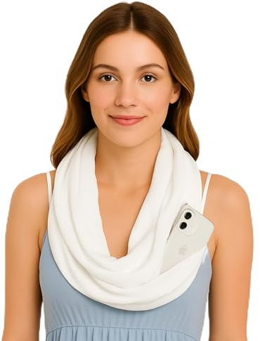 Pop Fashion Infinity Scarf for Women Lightweight - Multifunctional Travel Scarf with Hidden Pocket - Solid Color Scarves (White)