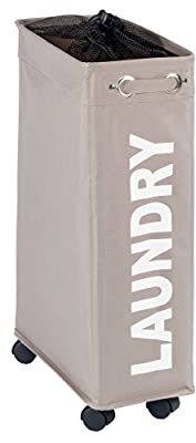 WENKO Wäschesammler Mod. Corno Taupe, stabiler schmaler Wäschekorb mit vier leichtgängigen Rollen und Deckel, Wäschetruhe aus 100% Polyester, Fassungsvermögen 43 L, (B x H x T): 18,5 x 60 x 40 cm