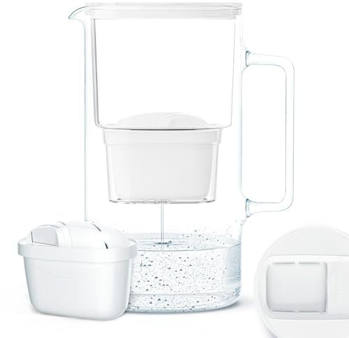 Wessper Jarra filtradora de vidrio con 1 cartucho de filtro 3 Litros | Reemplazo para Dafi Unimax Aquaphor A5 BRITA Maxtra+ PHILIPS AWP212/10 | Reduce la cal, el cloro y los Microplásticos, Blanco