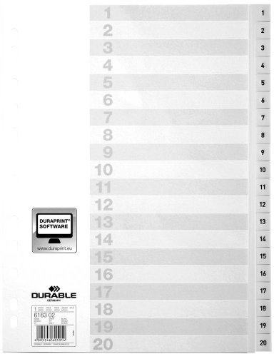 1 Satz DURABLE Zahlen - Register 1-20 / weiß / Vollformat DIN A4 / 20-teilig