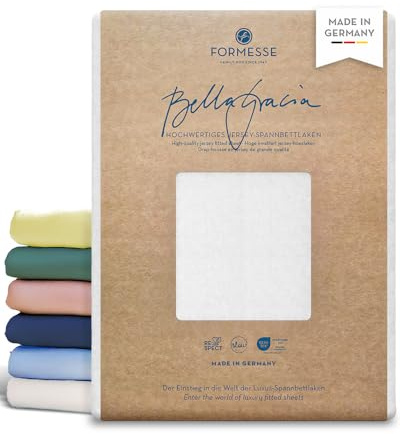 Formesse – Bella Gracia Jersey Spannbettlaken 90x190-100x220cm - bis 25cm Höhe - 97% Baumwoll-Kompaktgarn/Spannbetttuch aus Deutschland/Baumwoll Bettlaken mit Elastan - Farbe Weiß
