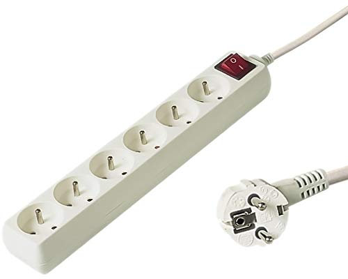PremiumCord Regleta 230V, 6 Tomas con Interruptor, Extensión 230 V, Tomas Francesas Giradas 45°, Toma Múltiple Seguridad Infantil, Blanco, 10m