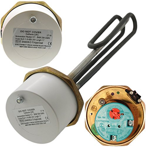 Thermco 11 Replacement Unvented Immersion Heater Element, 3kW, 8mm, 1.75 BSP, Cotherm TSE Thermostat, Silver Grey