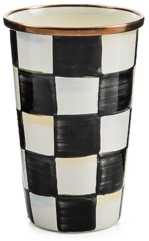MACKENZIE-CHILDS Enamel Tumbler, Open Tumbler Cup, Cute Enamelware Cup, 10 Ounces, Black-and-White Courtly Check