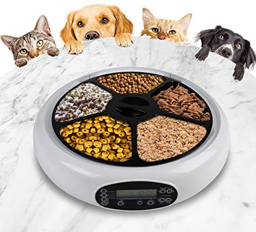 Koolatron Lentek Automatic Pet Feeder 5 Bowl Automatic Pet Feeders Dish with Timer Speaker Voice Message Recorder Wet Dry Food Dispenser Cats Dogs Rabbits Other Pets 5 Meals 441g Portion Each White