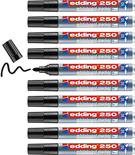 edding 250 Whiteboardmarker - schwarz - 10 Whiteboard Stifte - Rundspitze 1,5-3 mm - Boardmarker abwischbar - für Whiteboard, Flipchart, Magnettafel, Pinnwand, Memoboard - Sketchnotes - nachfüllbar