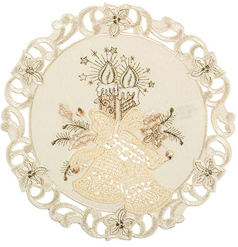 Quinnyshop Bezaubernder Weihnachten Tischläufer/Tischdeckchen Creme-Weiß mit Gold Kerzen Glocken Stickerei - Größe wählbar (ca. 18 cm Rund)