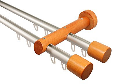 iso-design Innenlauf Gardinenstange 2-läufig aus Aluminium und Holz in Kirsch, 20 mm, Endstück Kappe, 280 cm (2 x 140 cm)