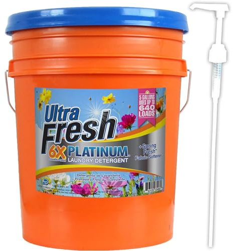 Ultra Fresh 5 Gallon Liquid Laundry Detergent Washing Soap with Spring Fresh Fabric Softener for All Machine Types, 6X Platinum, Up to 640 Loads