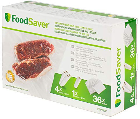 FoodSaver sacs et rouleaux sous vide |Sans BPA | 5 rouleaux de sacs sous vide (28 cm x 5,5 m, 20 cm x 6,7 m) | 36 sacs sous vide prédécoupés (950 ml)