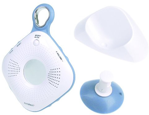 Sunstech RPSW20WT - Radio portatil de ducha con espejo, incluye ventosa, color blanco/azul