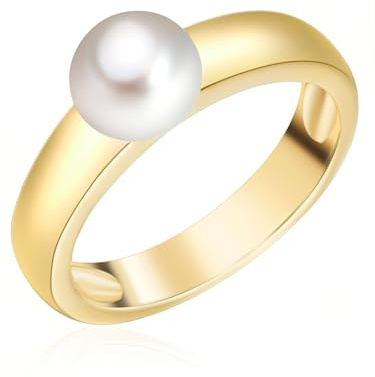 Valero Pearls Damen Ring 925/- Sterling Silber gelbgold | gelbvergoldet 14 Karat, Perlenring, Süßwasser-Zuchtperle, ca. 6,0 - 7,0 mm, weiß, button