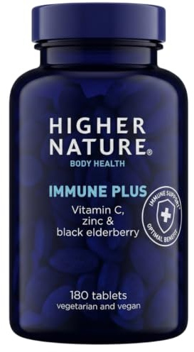 Higher Nature Immune Plus - Vitamin C with Zinc - 180 Tablets | Black Elderberry, Immune Support Supplements, Vegetarian and Vegan Multivitamin