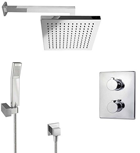 PaulGurkes Regendusche Unterputz Dusch Set mit Thermostat eckig Wandarm Wandmontage Regenbrause Tropendusche Luxusdusche Komfortbad einbaufertig Komplettsystem Dusche Duschtempel