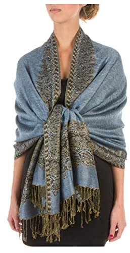 Sakkas 70 x 28 Boderder Pattern doppelschichtiger Pashmina Feel Schal/Stola - Steel Blue