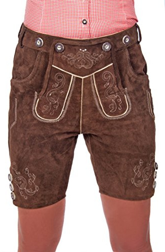 Kurze Damen Trachten Lederhose braun aus feinstem Rindsveloursleder , Dunkelbraun, 38