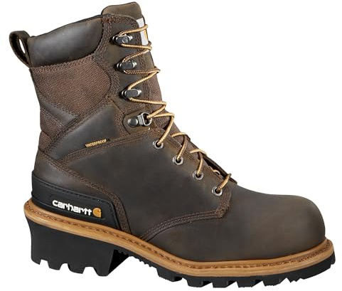 Carhartt 8” Waterproof Leather Logger Boot – Composite Toe Work Boots for Men with Goodyear Welt, Slip-Resistant Outsole, EH Rated – Crazy Horse Brown - 11