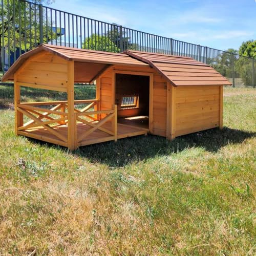 Animal Valley - Niche pour Chien Cheyenne avec terrasse - Bois - L 212 x l 99 x H 88,5 cm - Taille XL - Beige et Marron - pour Grands Chiens