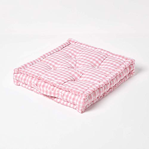 Homescapes Bodenkissen Vichy-Karo – Sitzkissen 40x40 cm mit Tragegriff für Stühle & Boden, Sitzerhöhung für Erwachsene & Kinder, rosa-weiß