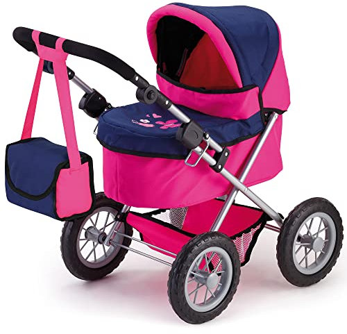 Bayer Design 13013AA Puppenwagen Trendy, mit Tasche, höhenverstellbarer Griff, große Räder, integrierter Korb, faltbar, Rosa/Blau