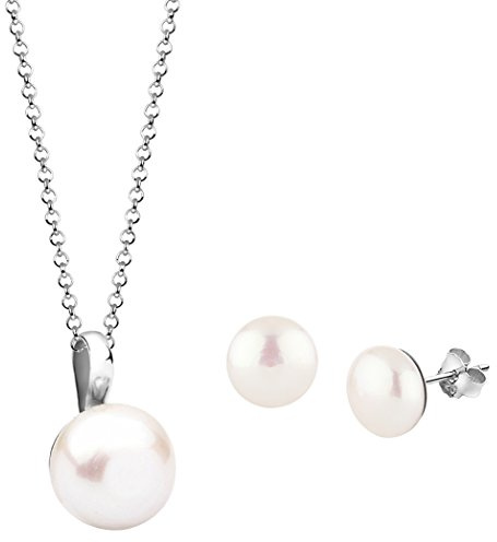 Nenalina Damen Schmuckset mit Süßwasserperlen, Halskette mit Perlen Anhänger und Ohrstecker, Klassische Damen Kette und Ohrring Set für Frauen, Brautschmuck, 925 Sterling Silber, Länge 45cm