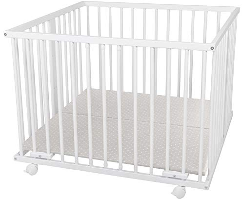 Waldin Laufstall Baby Buchenholz Massiv Höhenverstellbar 100x100 cm | Zertifiziert nach EN 12227 mit 4 Rollen mit Bremse 3 Herausnehmbare Sprossen Holz Natur oder Weiß Lackiert