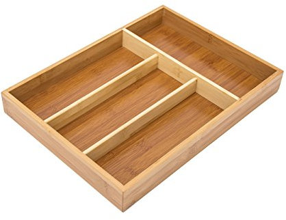 Relaxdays Cubertero Cajón de Bambú, 4x25x34 cm, 4 Compartimentos, Organizador Cubiertos Cocina, Bandeja, Madera, Marrón, 25 x 34 x 4 cm