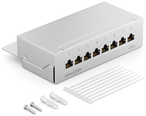 deleyCON CAT 6 Patchpanel Verteilerfeld 8 Port RJ45 - Grau | Desktop & Wandmontage, geschirmt, 8x RJ45 Buchse, TIA568A TIA568B