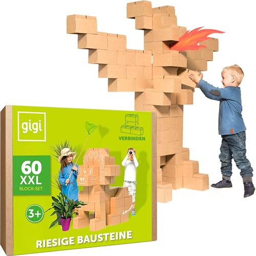 GIGI Bloks 60 XXL Stora Byggklossar för Barn, Stapelbara & Sammankopplande | Kartongklossar, Stabila & Lätta att Montera | Kreativa & Pedagogiska Konstruktionsleksaker i Naturlig Storlek