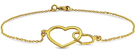Miore Damen-Armband mit Anhänger – Elegantes Armband aus 9 kt. Gelbgold mit doppeltem Herz-Anhänger – Armschmuck 18 cm lang, Gold