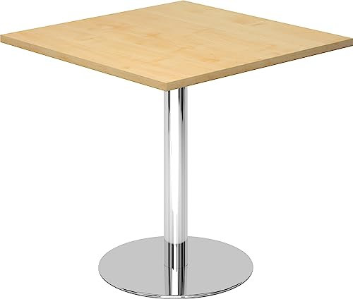 Bümö Besprechungstisch - Kleiner Esstisch 80x80 cm, Eckig, Ahorn - Rundtisch für 2 Personen Mit Holz-Platte, Säule Aus Metall Verchromt - Konferenztisch, Bistrotisch