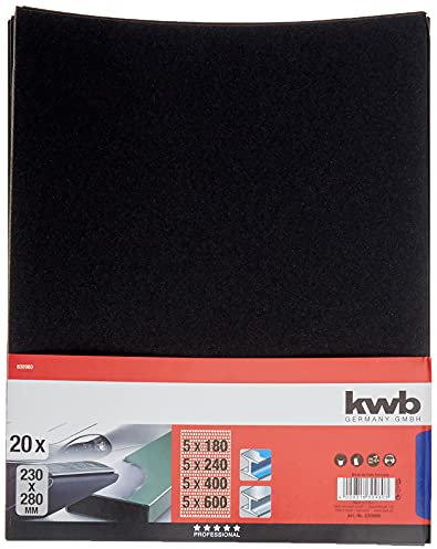 kwb wasserfester Schleifpapierbogen 230x280 mm aus Siliziumcarbid in den Körnungen 180, 240, 400, 600, hochwertiger Kunstharz-Verleimung und wasserfestem Trägermaterial für den feinen Karosserieschliff