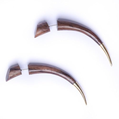81stgeneration Braune Sono-holz-ohrringe mit Gebogenen Spikes und Messingspitzen | Gefälschte Ohrstrecker mit Tigerzähnen | Lange Ohrringe | Tribal-piercingschmuck aus Chirurgenstahl