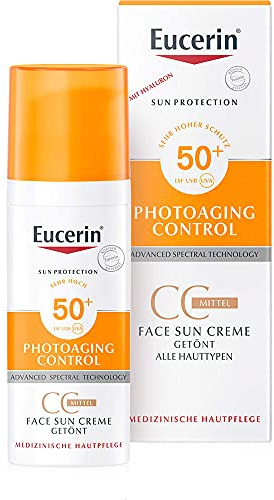 Eucerin Photoaging Control Tinted Face Sun Fluid LSF 50+ Mittel 50 ml, Sonnencreme für das Gesicht mildert effektiv Falten, getönte Tagescreme mit Hyaluronsäure und UVA/UVB-Filtern