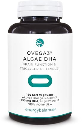 EnergyBalance Ovega3 Algae DHA – Veganes Omega 3 aus Algenöl – 180 VegeCaps mit 250 mg DHA – Pflanzliche Alternative zu Fischöl – Ohne Gelatine, Vegan, Glutenfrei
