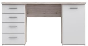 FORTE Net 106 Schreibtisch mit 4 Schubladen und 1 Tür, Holzwerkstoff, Sandeiche + Weiß, 145 x 60 x 76.3 cm